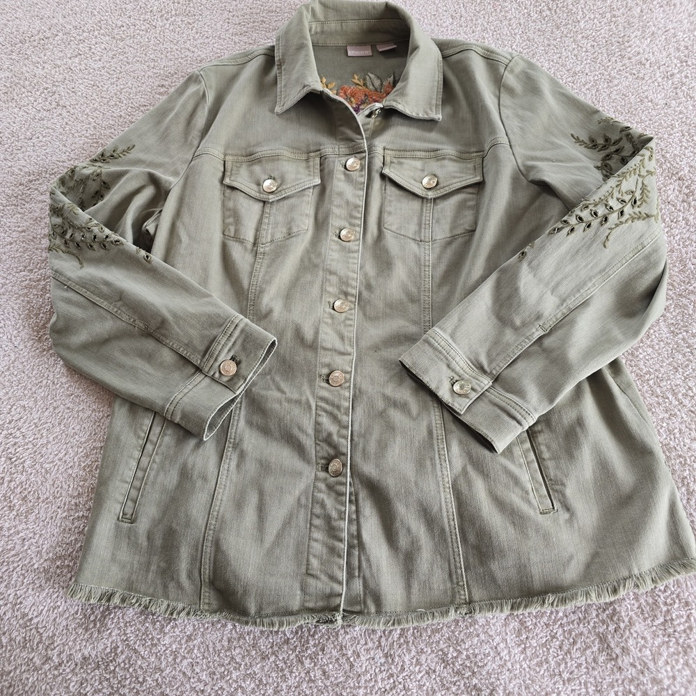 Chico's Sage Green Embroidered Jacket Floral Boho Utility Trucker Frayed Hem XL - Picture 16 of 16